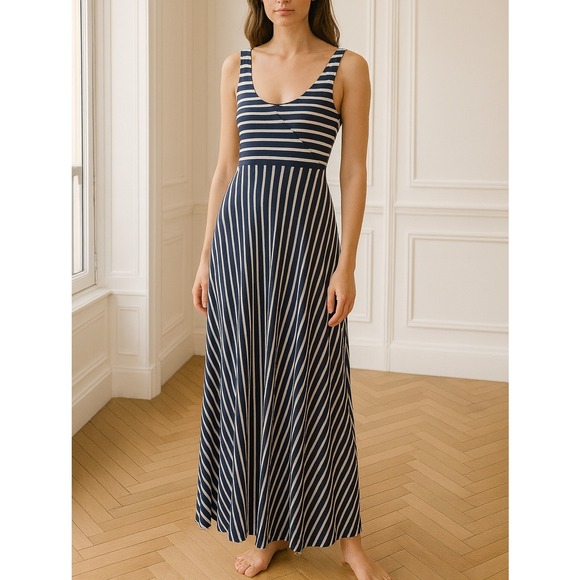 Boden Navy Blue Striped Maxi Tank Stretchy Dress 6 Long V Neck MEDIUM  Nautical